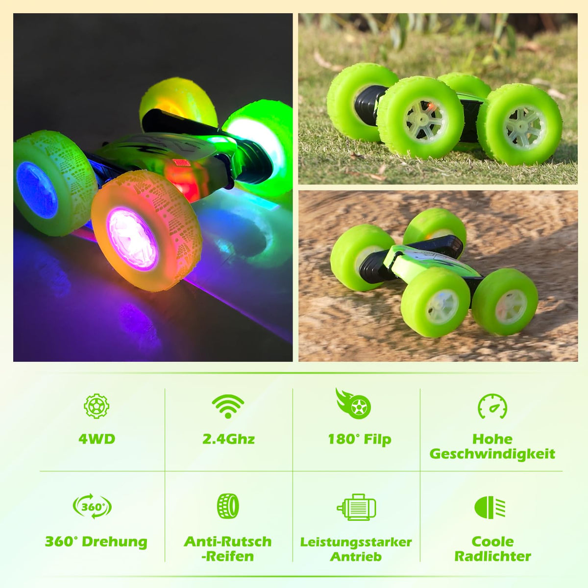 Rodzon RC-Auto, 2,4 GHz, 4WD, LED, 360°-Flips und Drift, mit 2 aufladbaren Batterien, Grün – für Kinder ab 6 Jahren.