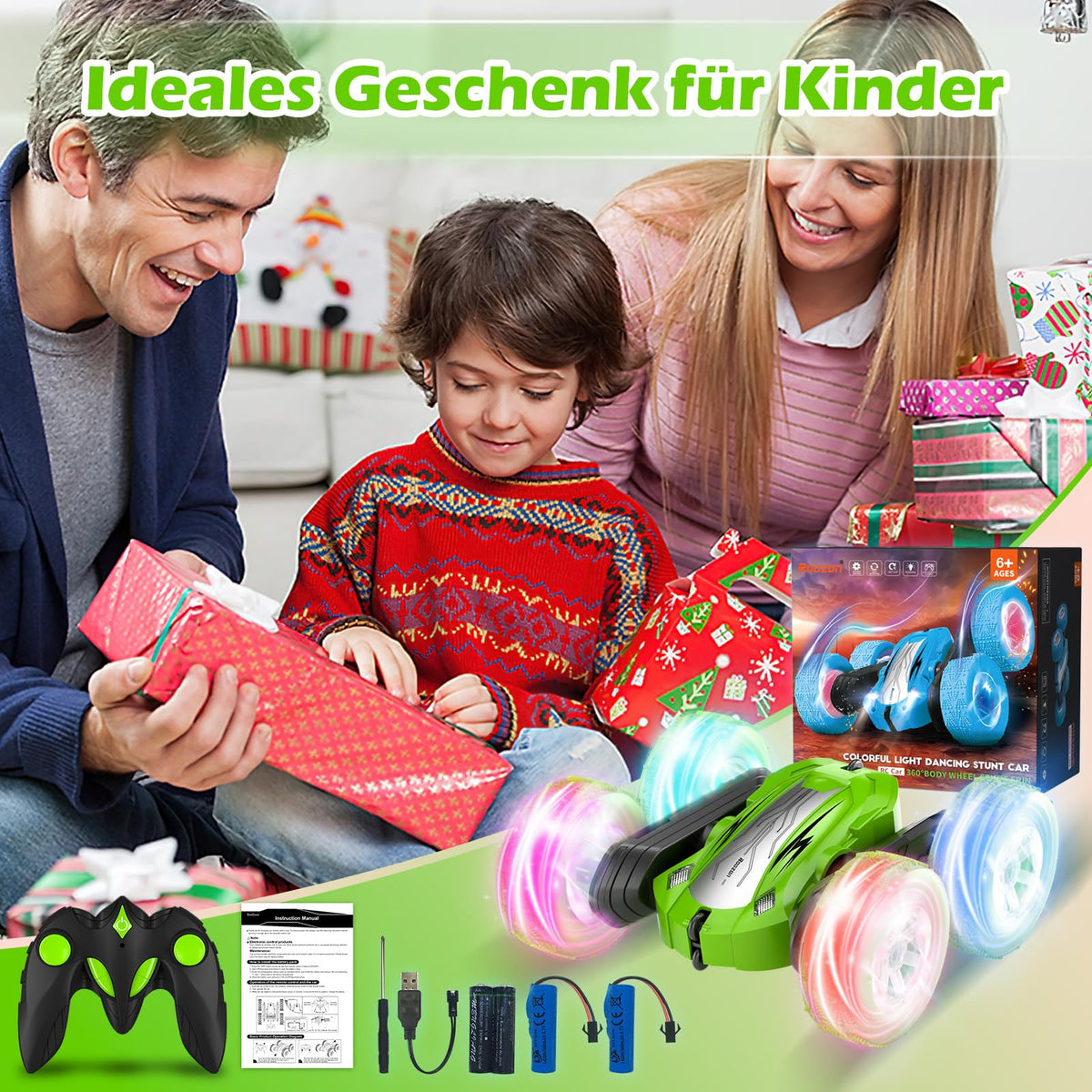 Rodzon RC-Auto, 2,4 GHz, 4WD, LED, 360°-Flips und Drift, mit 2 aufladbaren Batterien, Grün – für Kinder ab 6 Jahren.