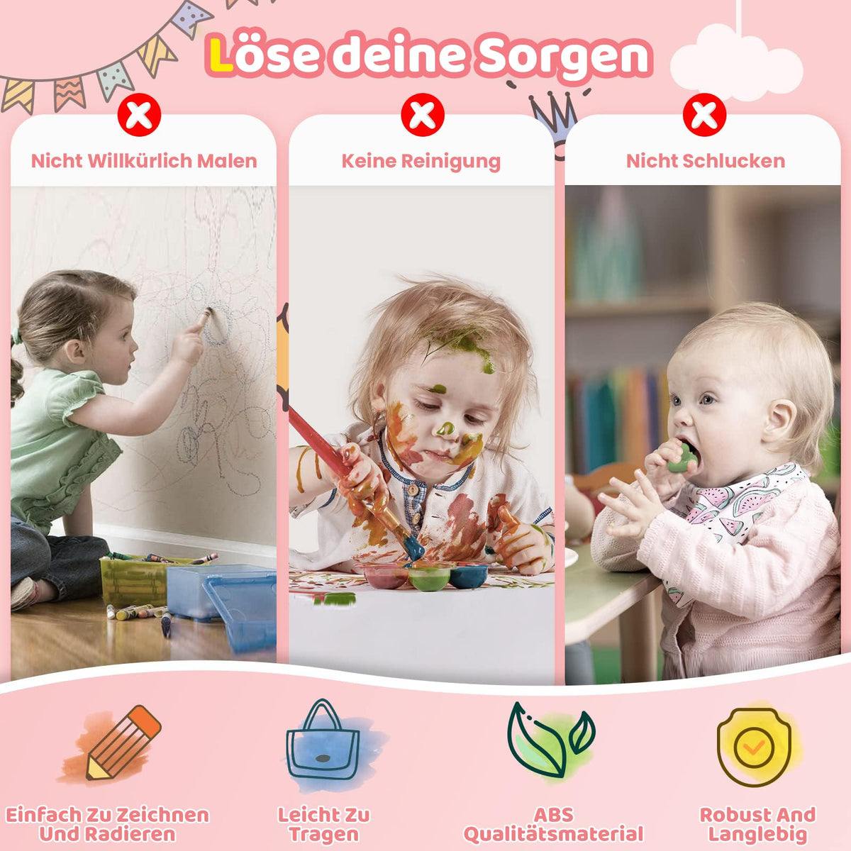Kikidex magnetische Zaubertafel, Rosa – Mal- und Lernspielzeug für Kleinkinder von 1–3 Jahren.