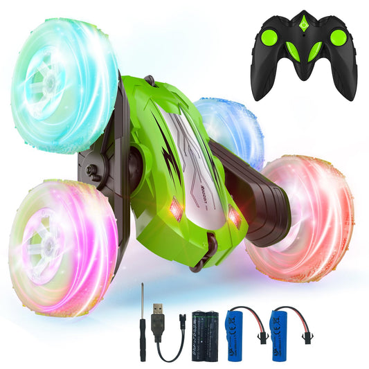 Rodzon RC-Auto, 2,4 GHz, 4WD, LED, 360°-Flips und Drift, mit 2 aufladbaren Batterien, Grün – für Kinder ab 6 Jahren.