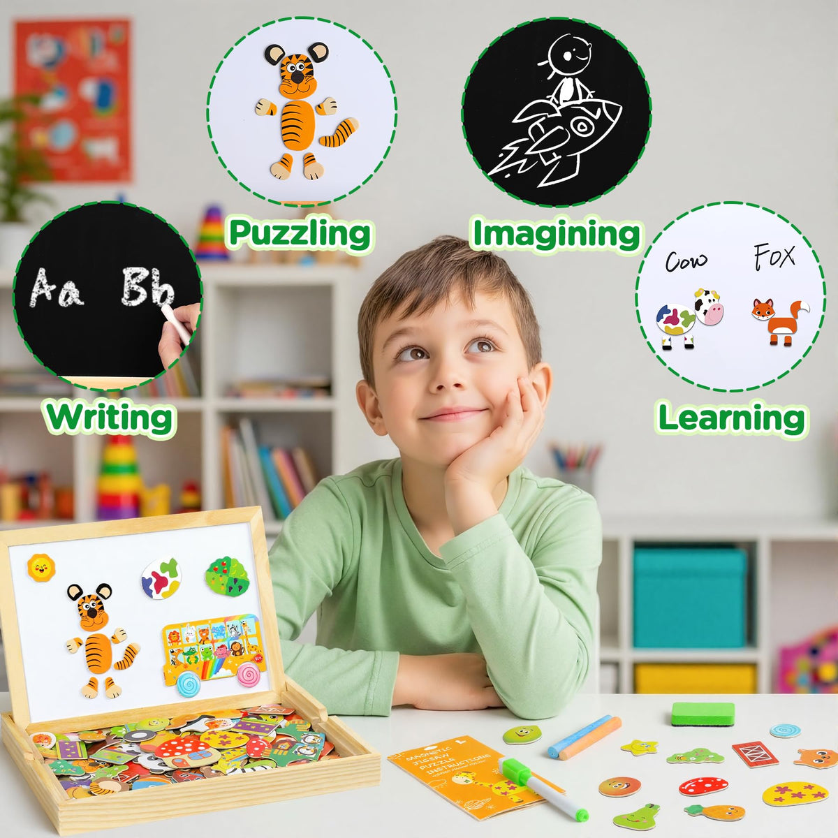 1. Magnetisches Montessori-Holzpuzzle, 130 Teile, Motiv Autoreifen.