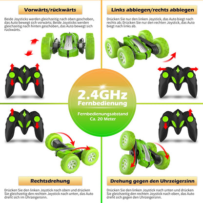Rodzon RC-Auto, 2,4 GHz, 4WD, LED, 360°-Flips und Drift, mit 2 aufladbaren Batterien, Grün – für Kinder ab 6 Jahren.