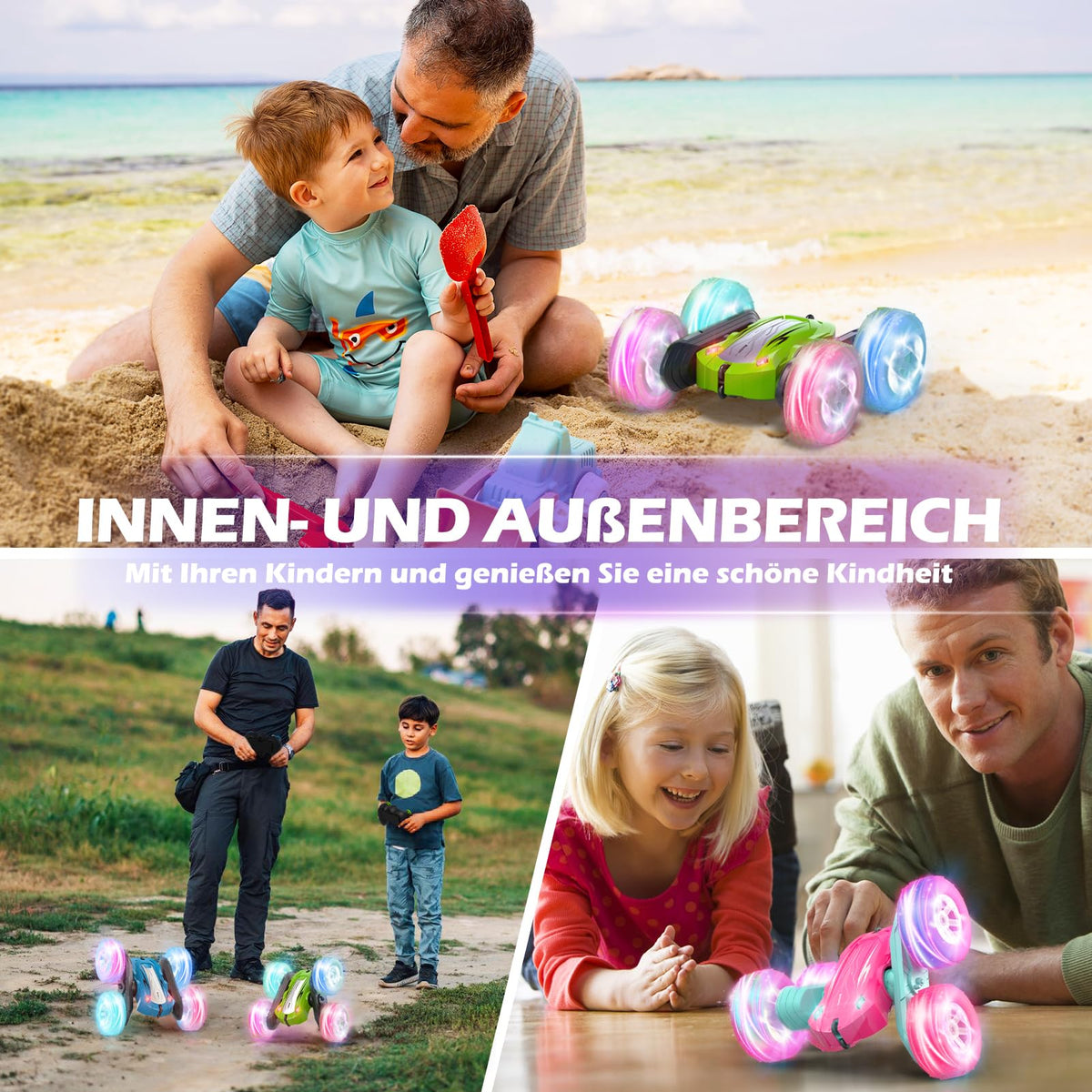 Rodzon RC-Auto, 2,4 GHz, 4WD, LED, 360°-Flips und Drift, mit 2 aufladbaren Batterien, Grün – für Kinder ab 6 Jahren.