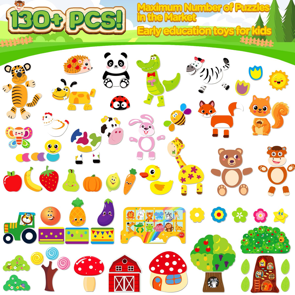 1. Magnetisches Montessori-Holzpuzzle, 130 Teile, Motiv Autoreifen.